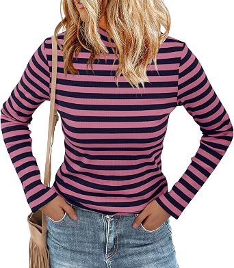 Womens Long Sleeve Stripe Shirts Fall Casual Mock Neck Ribbed Knit Tops 2025 Fashion Clothes