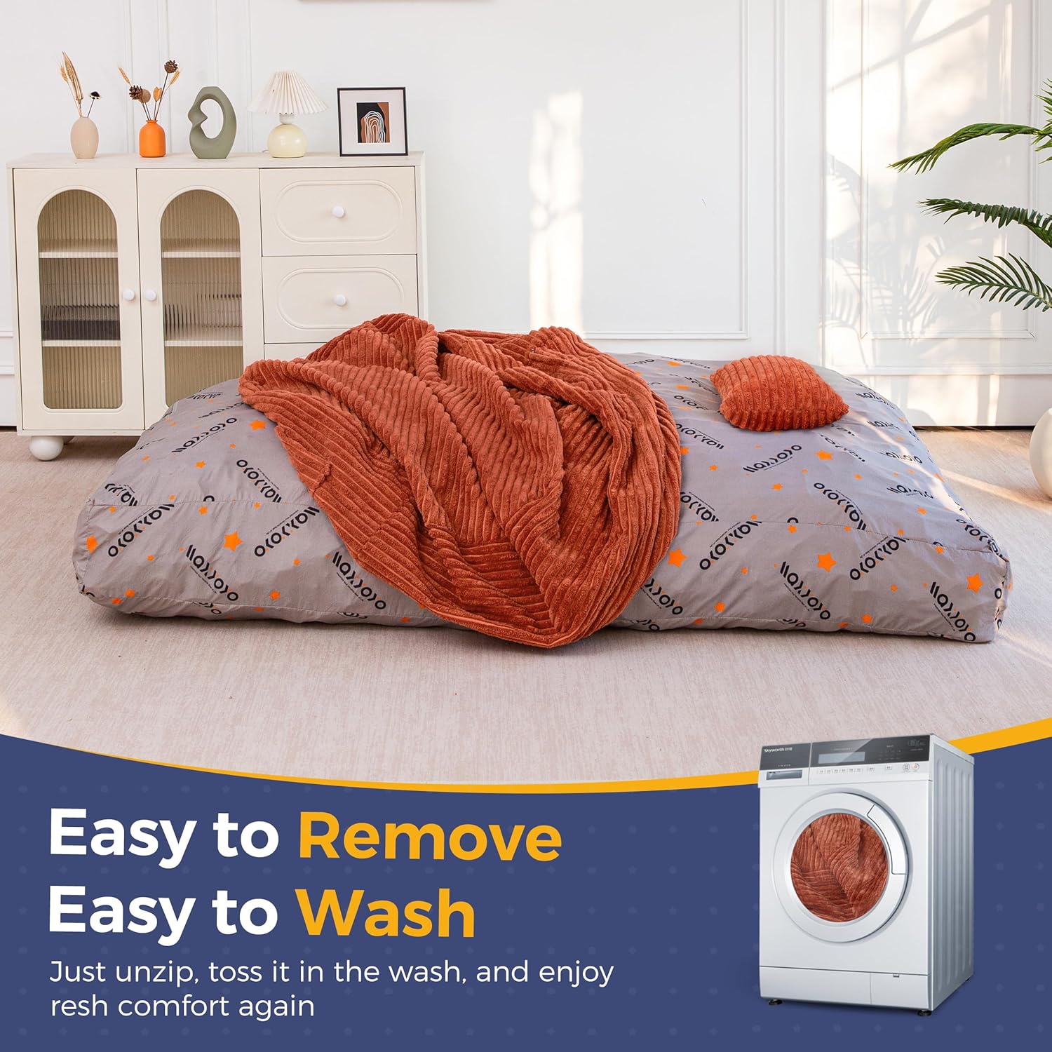 MAXYOYO Giant Bean Bag Chair Bed with Pillow, Convertible Beanbag Sofa to Floor Bed, Lazy Chair Couch with Removable Cover, High-Density Shredded Foam Filling, Cozy Lounge for Bedroom Living Room