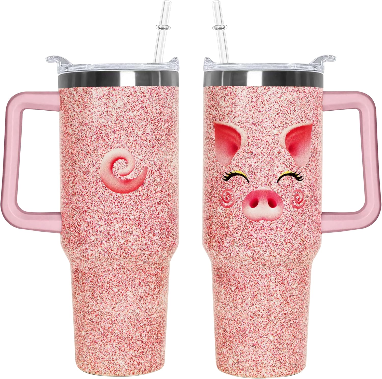 40 Oz Pink Pig Tumbler With Handle 40oz Pig Theme Tumbler With Lid Straw Double Ins...