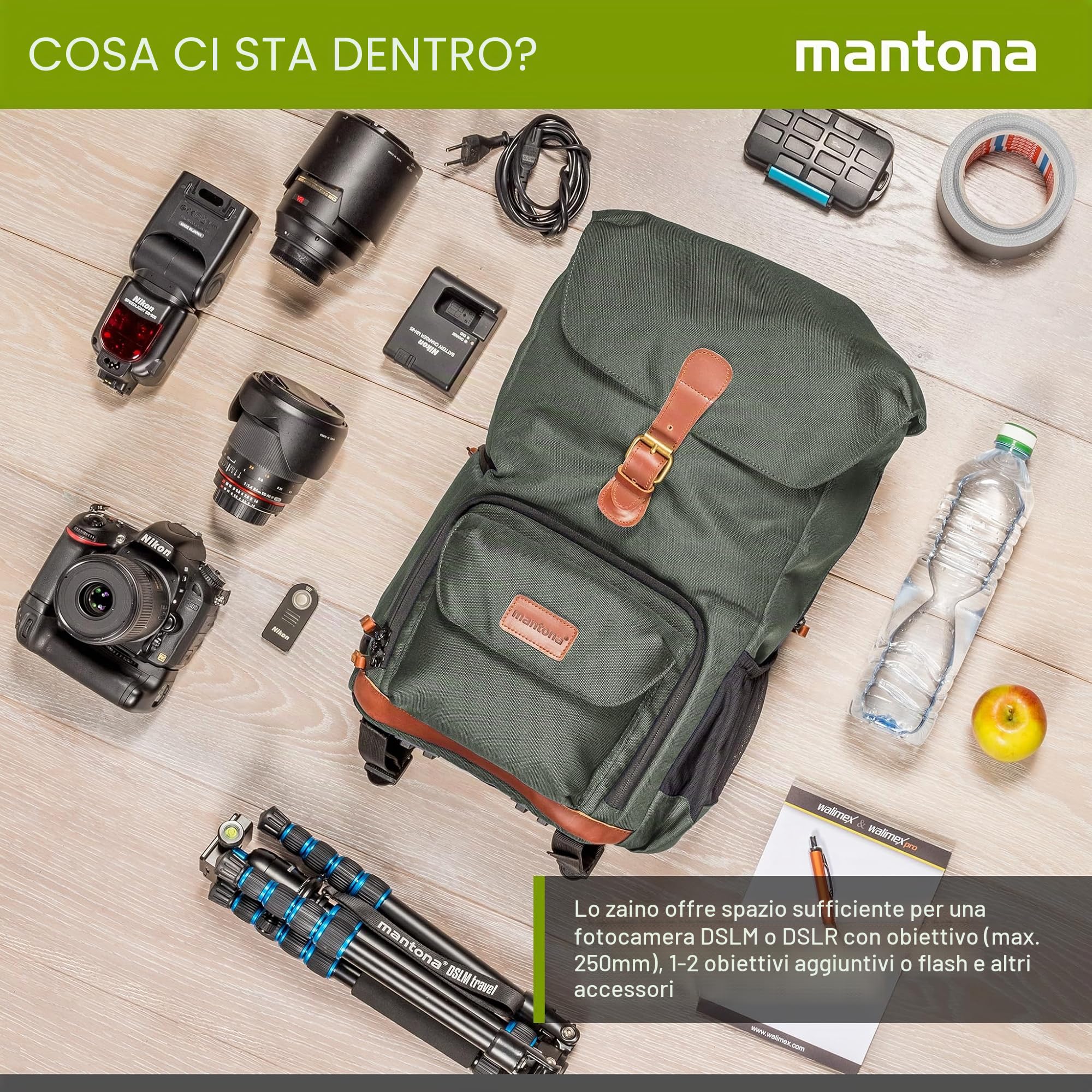 Mantona Luis junior Retrò Zaino fotografico verde con pelle, per fotocamera con protezione antipioggia, Borsa da fotografo con scomparto laptop, per 1 DSLR, 1-2 obiettivi e vari accessori fotografici
