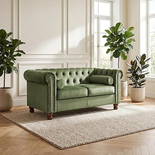 Miniatura 11 de Sofá Air de cuero copetudo para sala de estar, sofá de 3 plazas con brazo enrollado con ribete de cabeza de clavo y 2 almohadas para el cuello, sofá