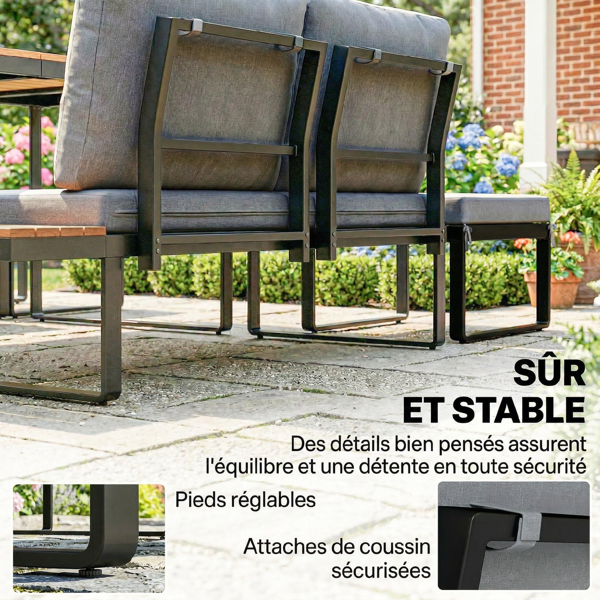 Outsunny Salon de Jardin Extérieur 6-8 Personnes Meuble de Jardin Gris | Aluminium, Table Haute Dînatoire, Canapé d'Angle, Plateaux Latéraux Bois Composite, Mobilier de Terrasse