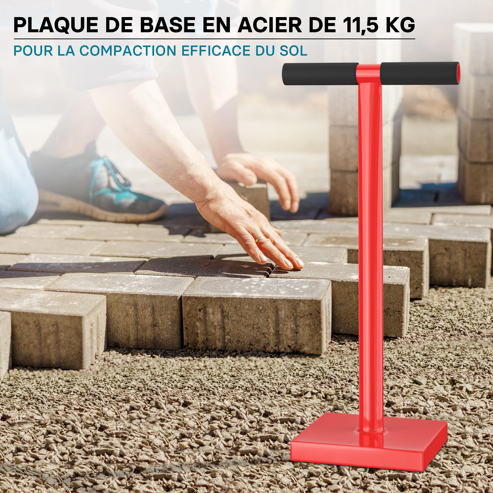 Wiltec Dameuse de sol – en Acier – 11,5 kg – Plaque carrée 20 x 20 cm – Poignée en T – Pilon Compacteur de sol Dame de maçon pour Jardinage Compactage Horticulture