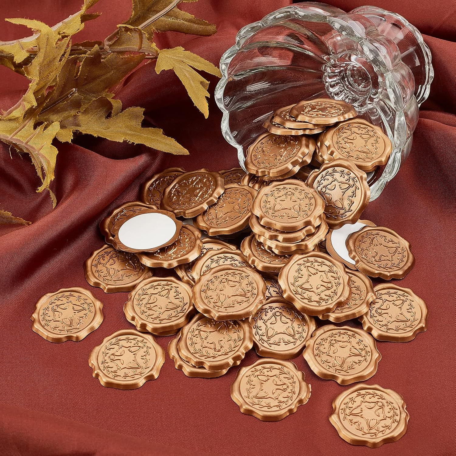 CRASPIRE 60pcs Adhesive Wax Seal Stickers - Fox Wreath Stamp for Wedding Invitation Cards, Party Favors, Craft Gift - Vintage Gold Self-Adhesive Envelope Seals