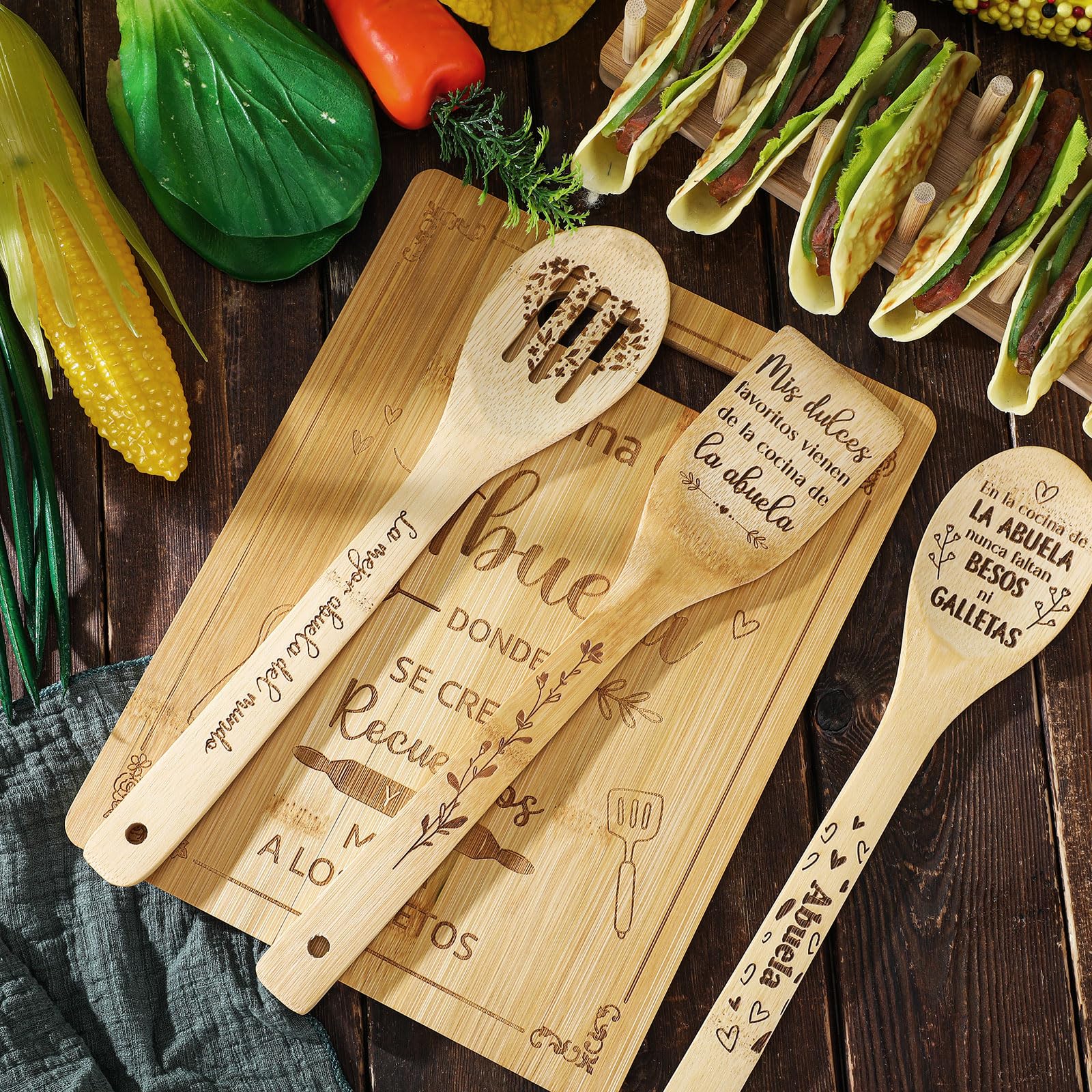 Maxdot 4 Pieces Mother's Day Spanish Gifts for Abuela Laser Engraved Bamboo Cutting Board Engraved Bamboo Cooking Board Gift Set for Grandma Mom from Daughter Grandchildren