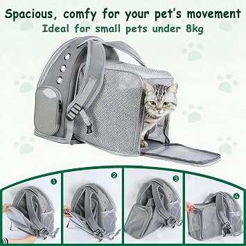 Expandable Cat Backpack with Window Dog Backpack Cat Backpack Large Cat Backpack with Inner Safety Lead and Pet Mat for Car Hiking Grey 42 x 32 x 24 - 57 cm