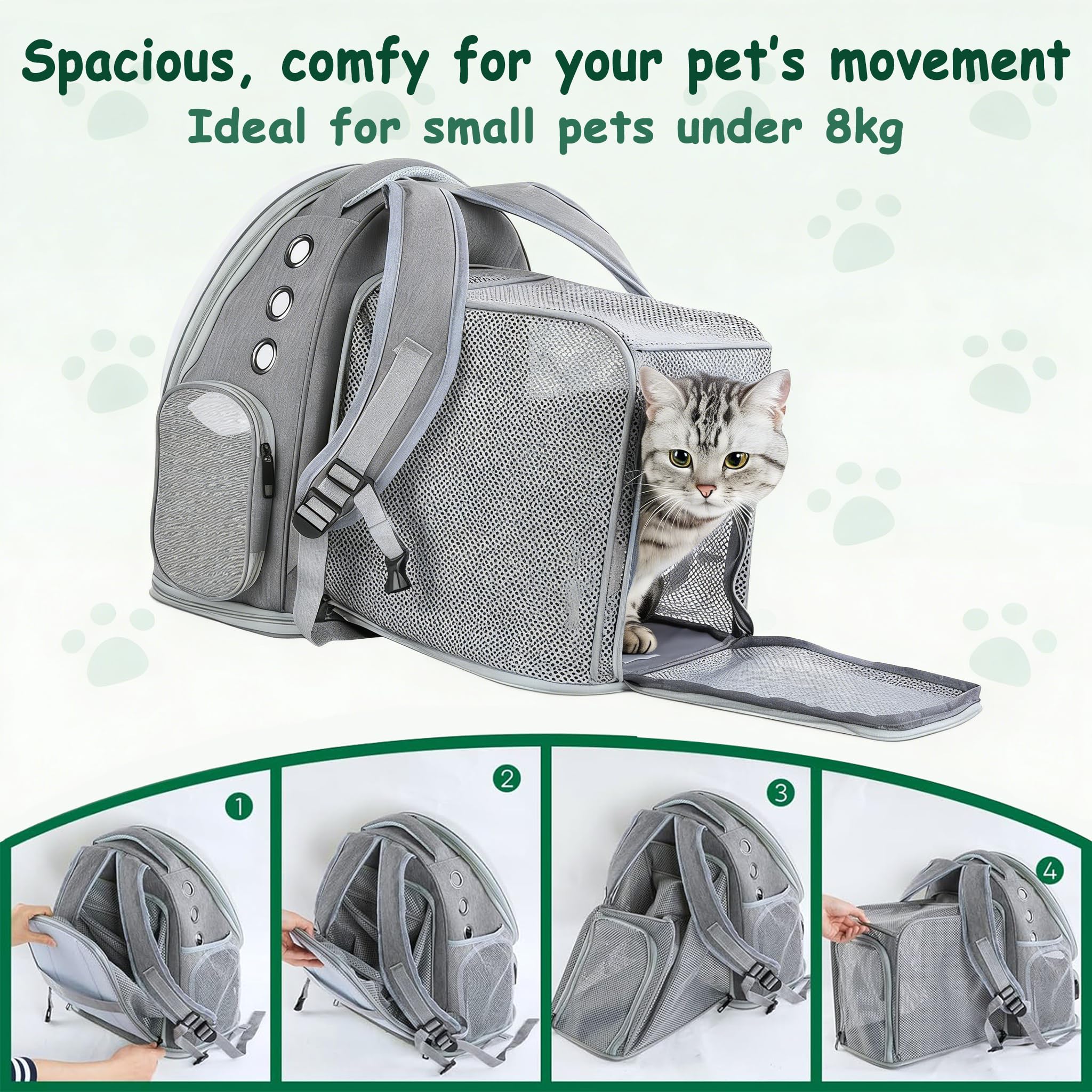 Zaino espandibile per gatti con finestra, adatto per gatti da 3 a 5 kg, con guinzaglio di sicurezza interno e tappetino per animali domestici, per auto, escursioni, grigio, 42 x 32 x 24-57 cm