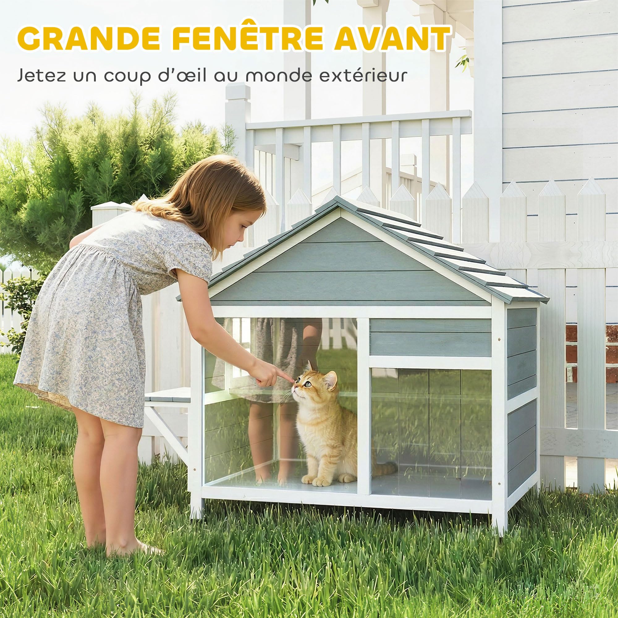PawHut Maison pour Chat en Bois Toit Ouvrant Fenêtre 101x72,5x81cm Gris