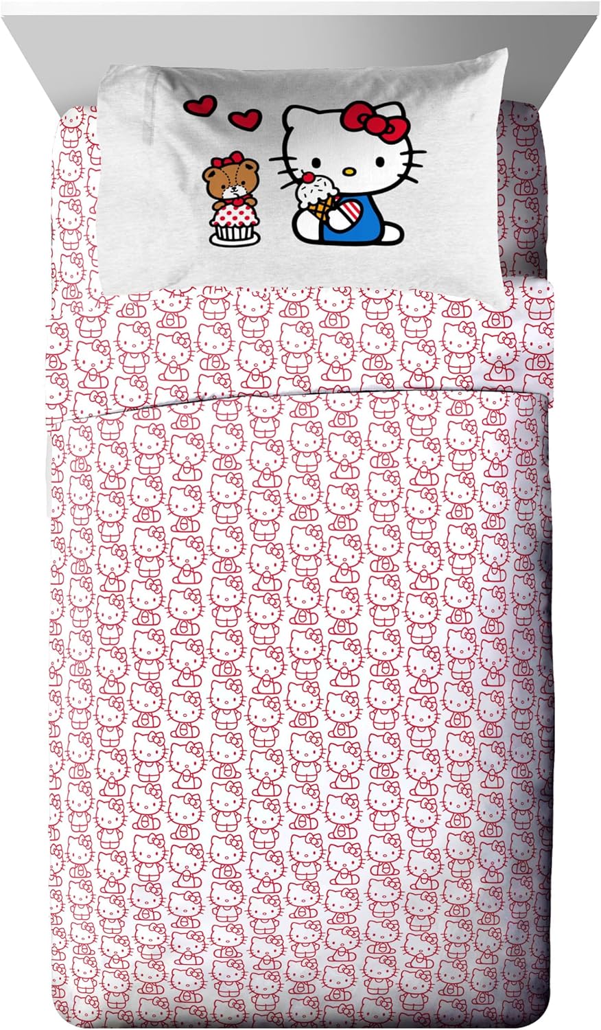 Close-up of the Hello Kitty pattern on the flat sheet