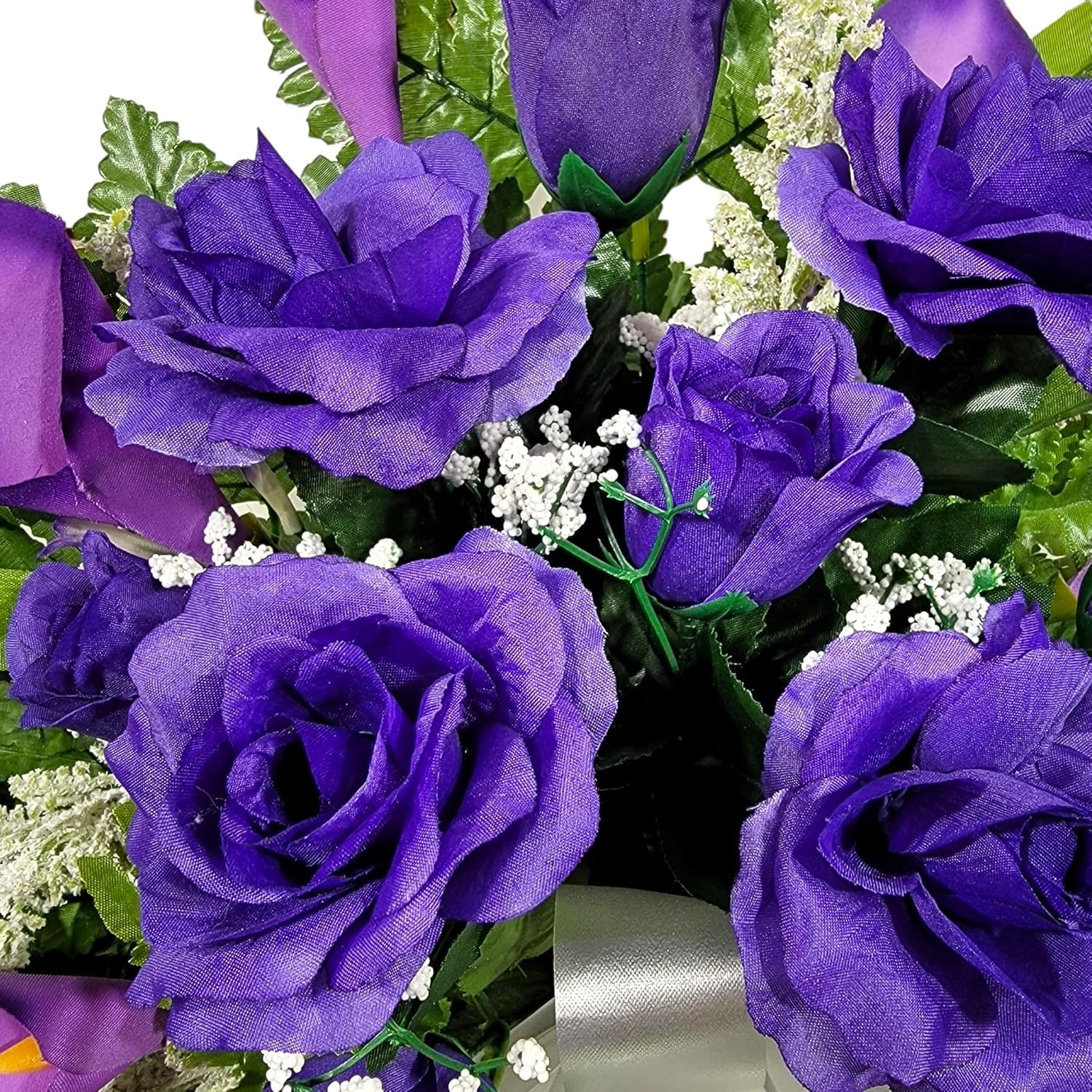 Realistic Artificial Cemetery Flowers - Silk Faux Floral Purple Rose and Calla Lily Bouquet for Grave - Headstone Decoration - Memorial Flowers