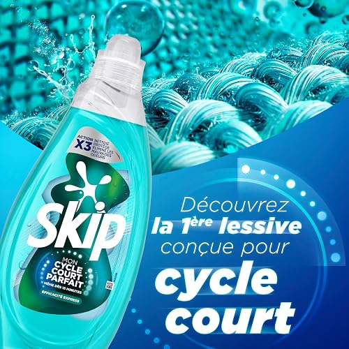 Skip - Lessive Liquide Mon Cycle Court Parfait Efficacité Express - Lessive Cycle Courts Efficace Dès 15 Minutes - Technologie Pro-S™ - Dissolution 2 x Plus Rapide - Gamme 39 Lavages - 2