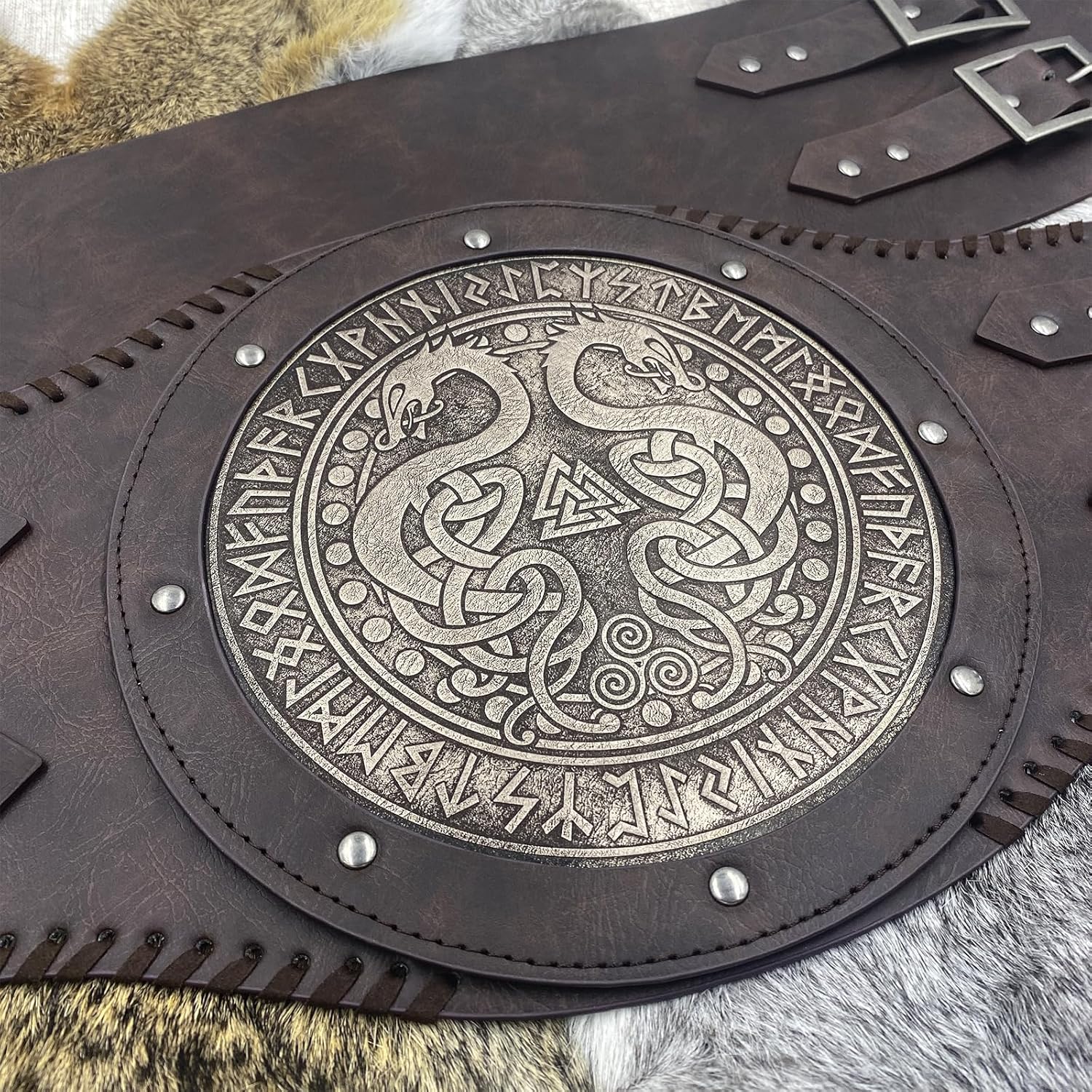 HiiFeuer Viking Embossed Double Dragon Waist Armor, Vintage Norse Faux Leather Wide Belt, Medieval Mercenary Corset Belt - Image 5