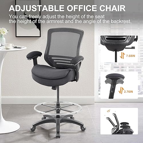 Miniatura 5 de Silla de dibujo de oficina de 400 libras de altura con cojín de asiento adicional para escritorio de alto pie con soporte lumbar y reposapiés Negro