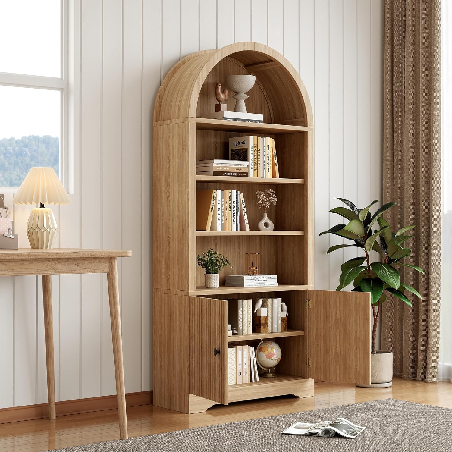 70" Arched Bookcase with Storage, 6 Tier Bookshelf with Door, Freestanding Display Storage Cabinet Farmhouse Storage Shelves for Living Room,Bedroom Home Office,Natural Oak