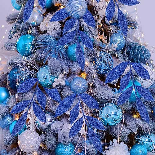 Miniatura 4 de Winlyn 40 piezas de aerosoles de hojas de laurel con purpurina azul artificial para árbol de Navidad de 12.7 pulgadas de alto para árbol de Navidad