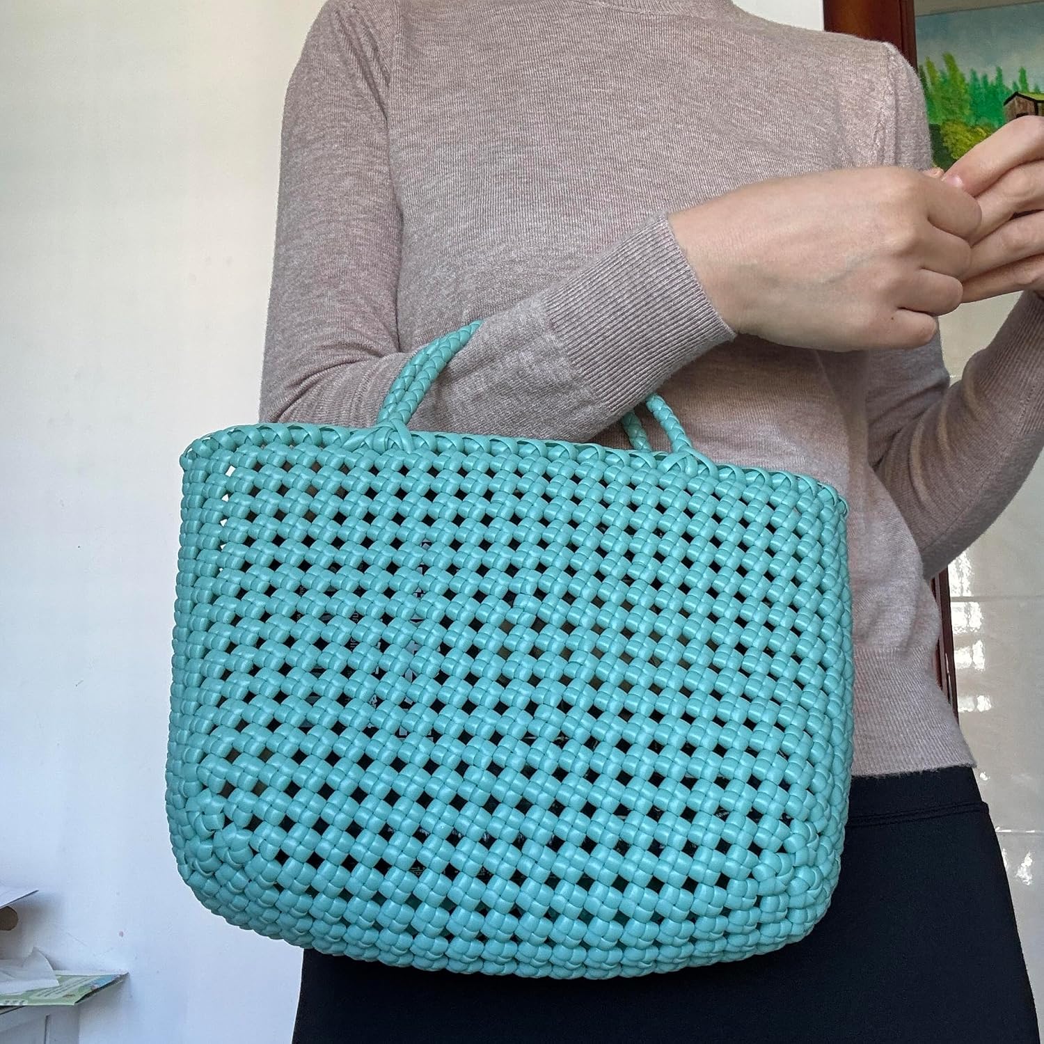 Handwoven Tote Bag, Turquoise Blue Woven Design, 12 x 8inches