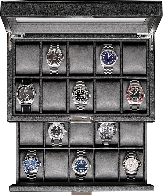 ROTHWELL 20 Slot Leather Watch box - Luxury Case Display Jewelry Organizer, Locking Holder with Large Real Glass Top Organizer for Men and Women (Black/Grey) (RW20)