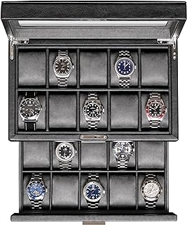ROTHWELL 20スロット レザーウォッチボックス - ラグジュアリーケースディスプレイジュエリーオーガナイザー - 大きな本物のガラストップ付きロックディスプレイケースホルダー - 男女兼用の腕時計ボックスオーガナイザー (ブラック/グレー)