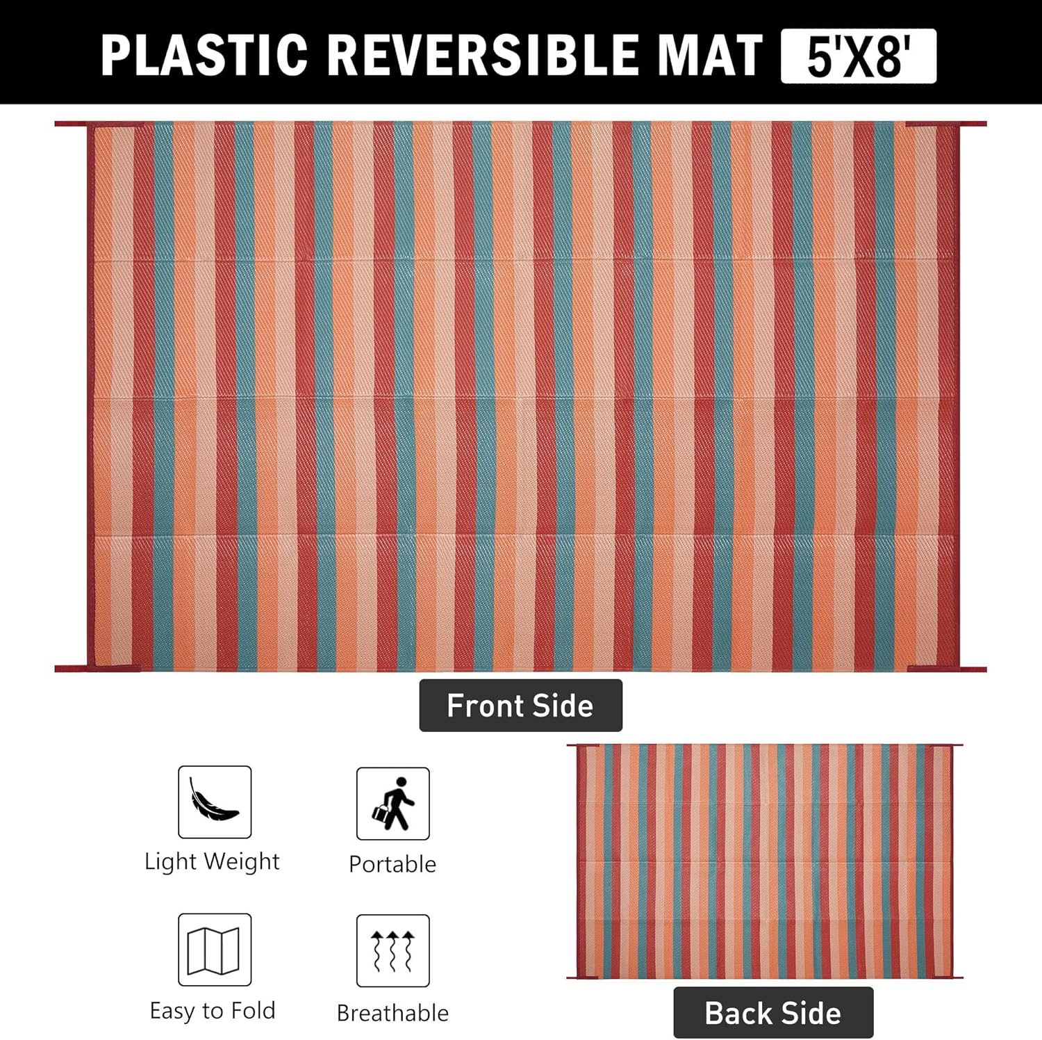 Outdoor Waterproof Patio Rug 5x8 Plastic Straw Reversible Outside Orange Red Colorful Striped Carpet Lightweight Large Rug for Camping RV Porch Deck Balcony Beach