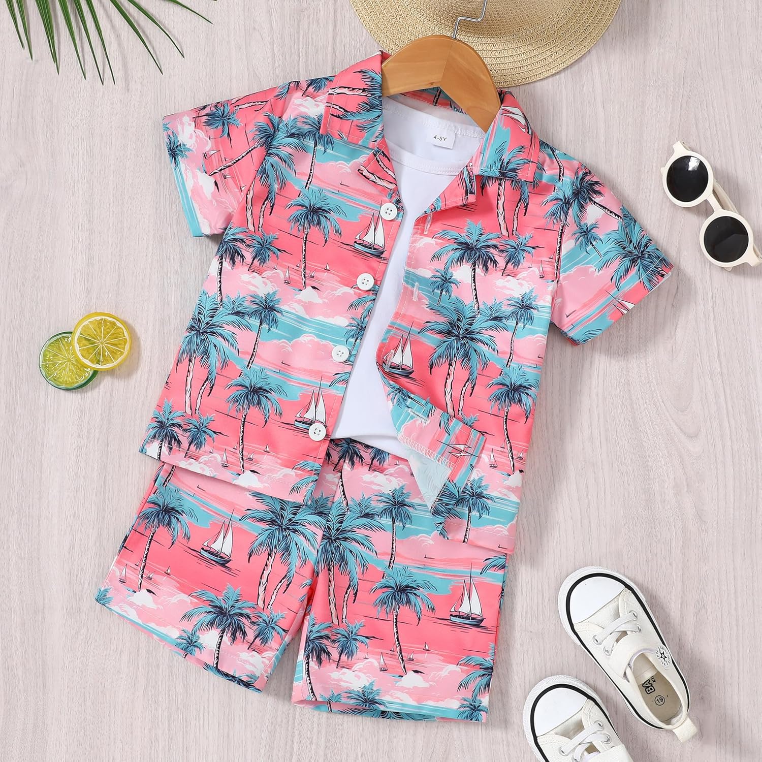 YUEMION Boys Hawaiian Outfit 2Pcs Set Summer Beach Button-Down Shirt Top + Shorts for Kids 2-10 Years - Image 7