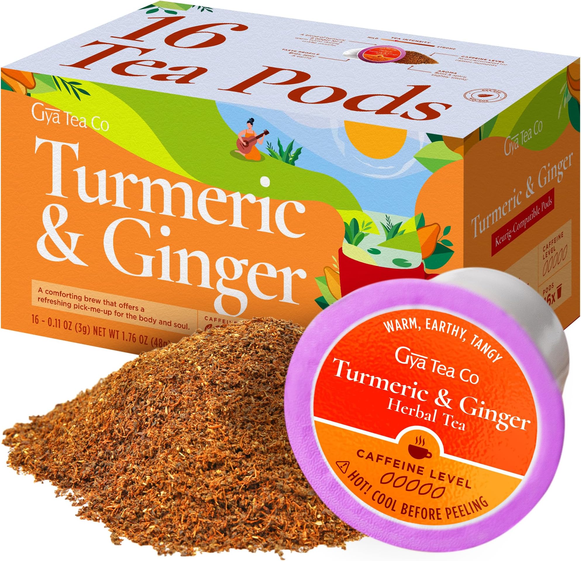Turmeric Ginger Herbal Tea Pod (16 Count)- Decaf Wellness Tea for Body Comfort & Relaxing