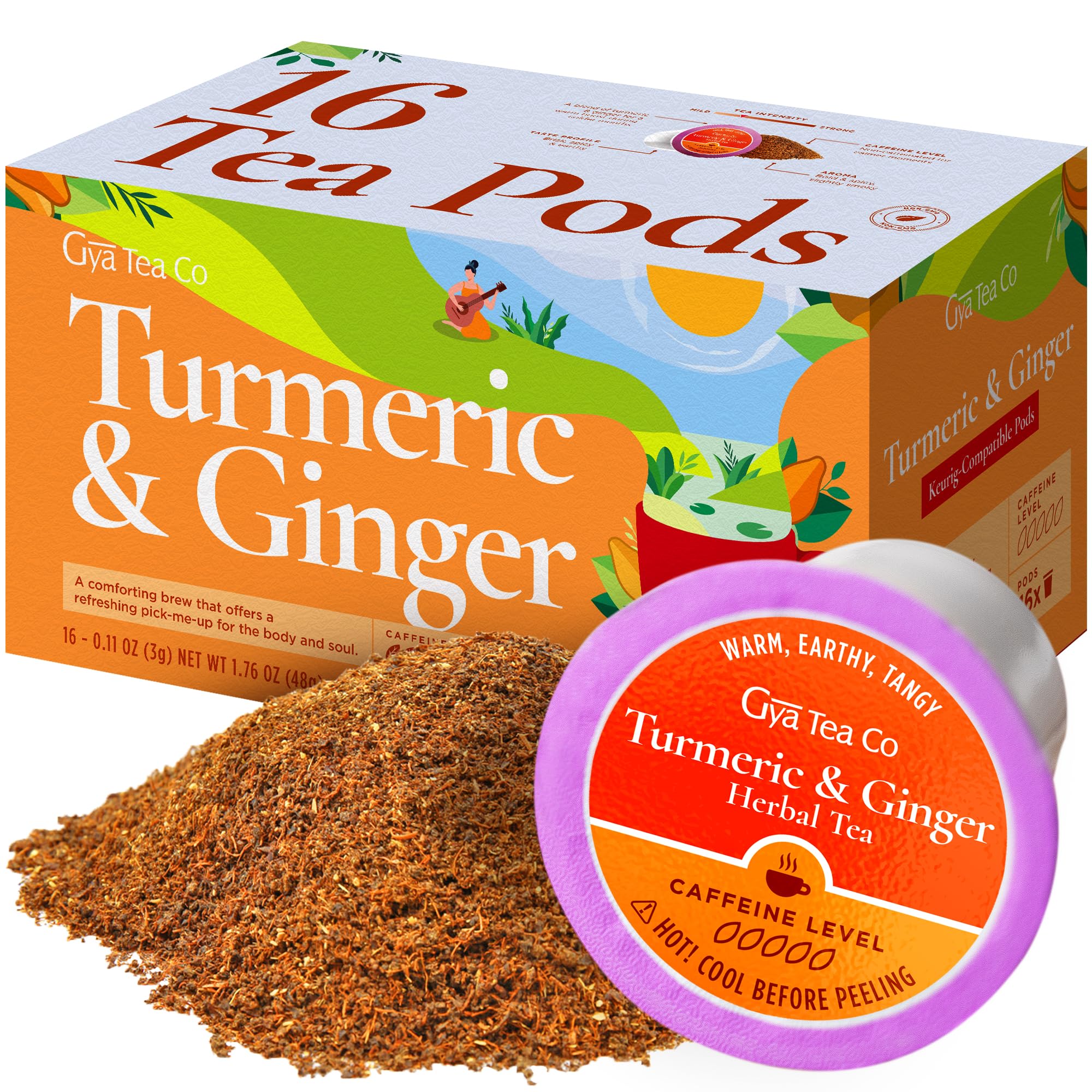Gya Tea Co Kurkuma-Ingwer-Kräuter-Hülse (16 ct) – Entkoffeiniertes Wellness für Körperkomfort & Verdauungsgesundheit