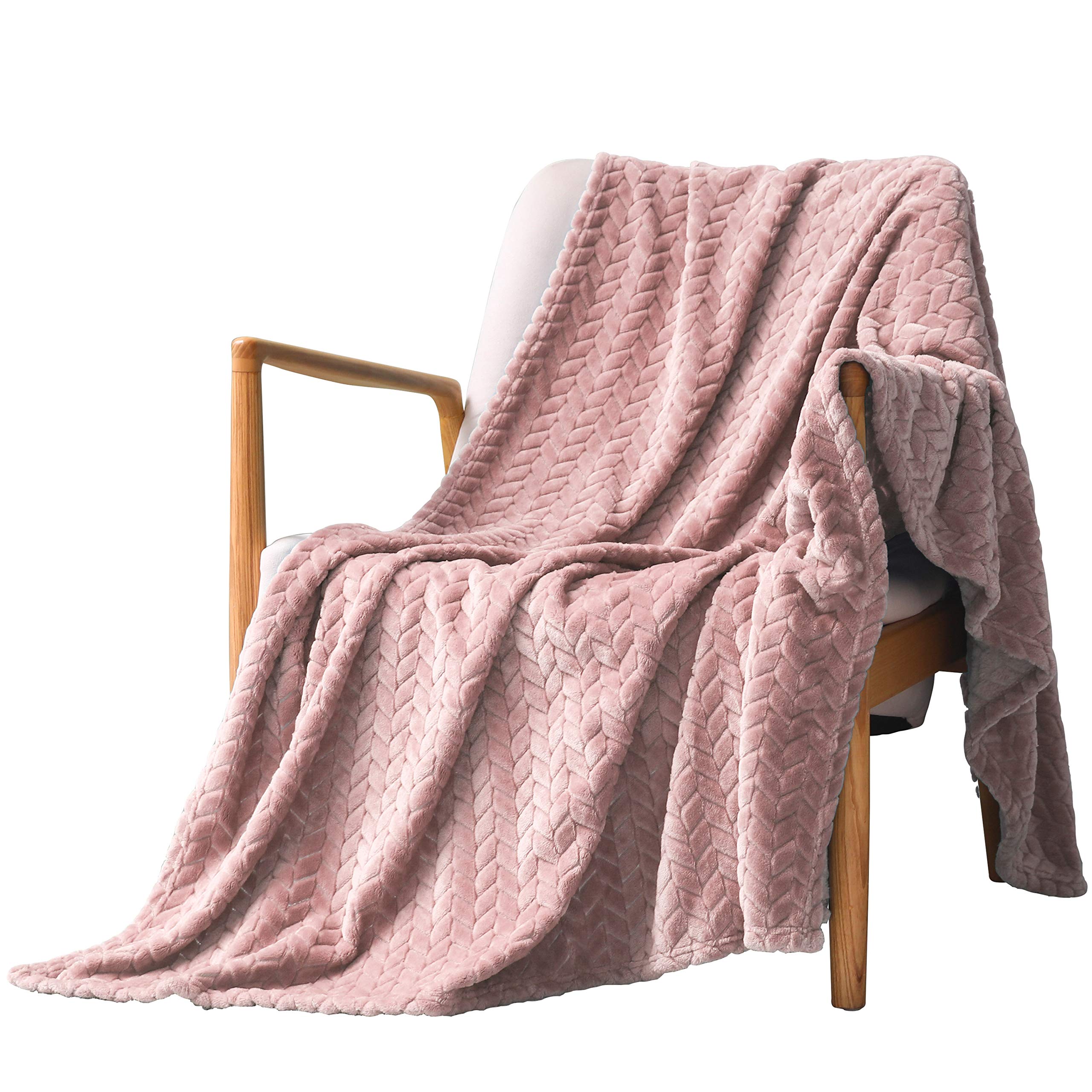 Exclusivo Mezcla Large Flannel Fleece Throw Blanket, Jacquard Weave Leaves Pattern (50" x 70", Pink) - Soft, Warm, Lightwe...