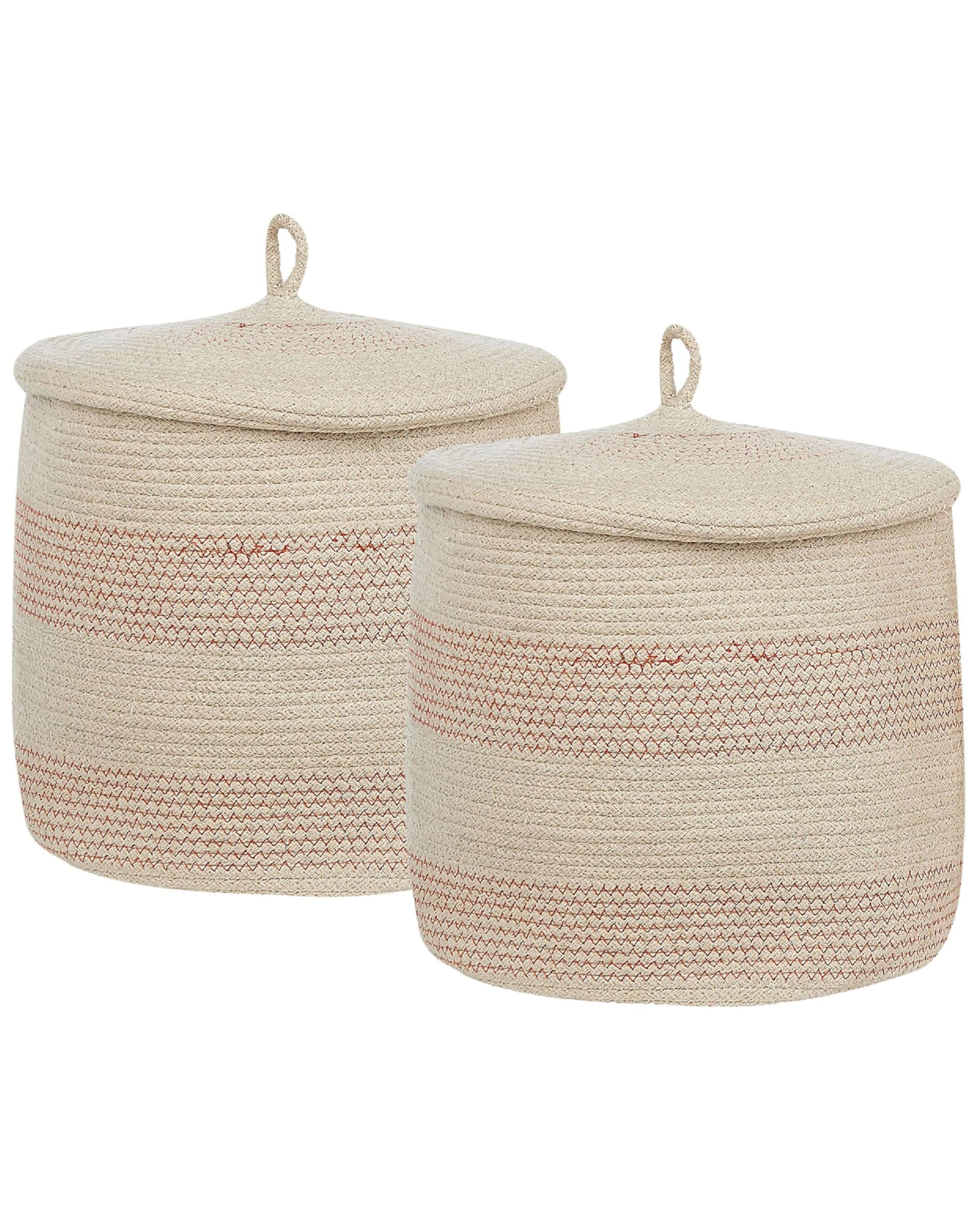 Korb 2er Set Baumwolle hellbeige/rosa geflochten gestreift mit Deckel Boho-Design Silopi