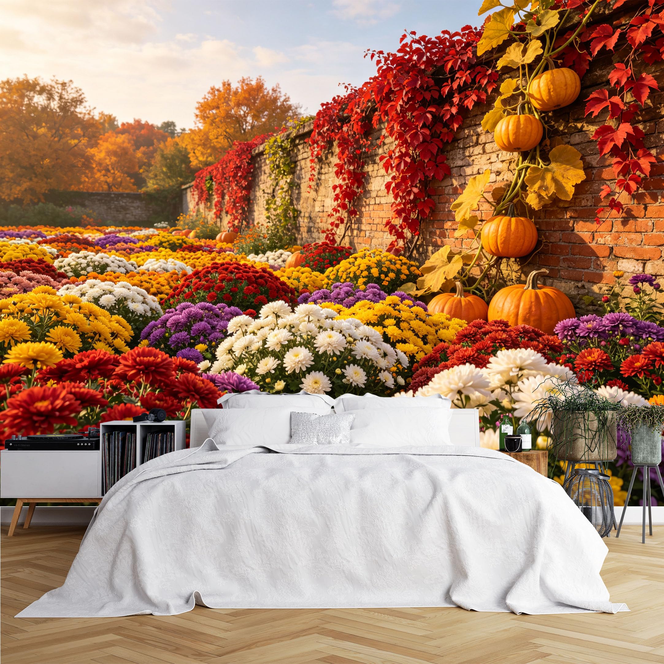 Lcythiazole Ch260615014 Custom Size Wall Murals Autumn Pumpkin Chrysanthemum Brick Wall Scene Wall Murals Vivid Large Photo Wallpaper Self-Adhesive Removable Wallpaper For Entryway Kitchen