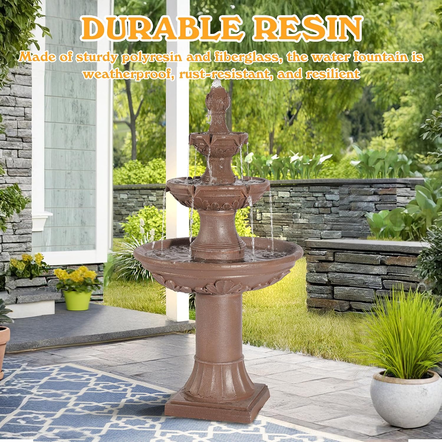 48.4" H 3-Tiers Italian Freestanding Water Fountain Classic Leaf Design, Roman Pillar Indoor Outdoor Floor Cascading Waterfall with Pump and Pineapple Top for Yard Patio Lawn Home Decor (Brown)