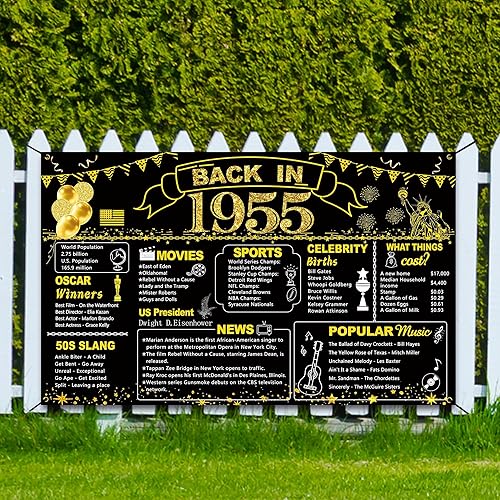 Miniatura 8 de DARUNAXY Decoración de fiesta de 71 cumpleaños negro y dorado, cartel de "Back in 1955" para fiesta de cumpleaños de 71 años, suministros de póster