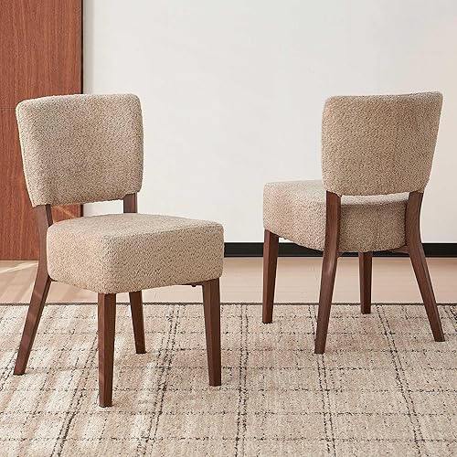 Juego de 2 sillas de comedor tapizadas, modernas sillas de cocina apilables de tela de mediados de siglo con patas de metal de grano de madera de