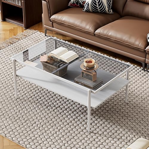 Miniatura 63 de Mesa de centro de cristal para sala de estar, mesa de centro de 2 niveles de mediados de siglo, mesa central con parte superior de vidrio templado