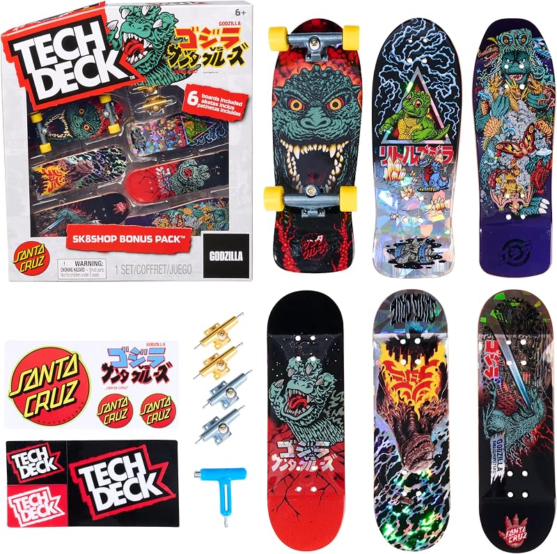 TECH DECK Godzilla Sk8shop Bonus Pack Customizable Fingerboards Set | Customize 6 Boards with Skate Tool & Wheels, Authentic Details, Fidget Skateboard Toy Gifts for Kids & Collectors Ages 6+