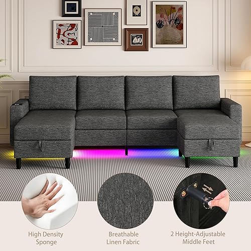 Miniatura 6 de Sofás seccionales para sala de estar, sofá seccional de 4 asientos con módulo inteligente - carga inalámbrica/USB/Type-C/luz RGB, sofá en forma de U