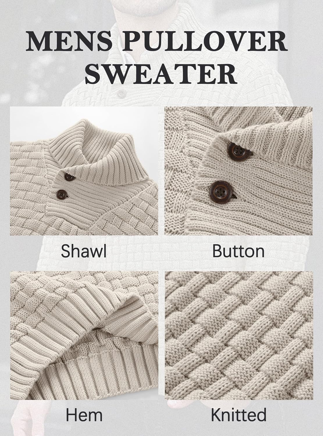 Mens Casual Pullover Fall Winter Turtleneck Cable Knit v Neck Fisherman Waffle Sweater - Image 5