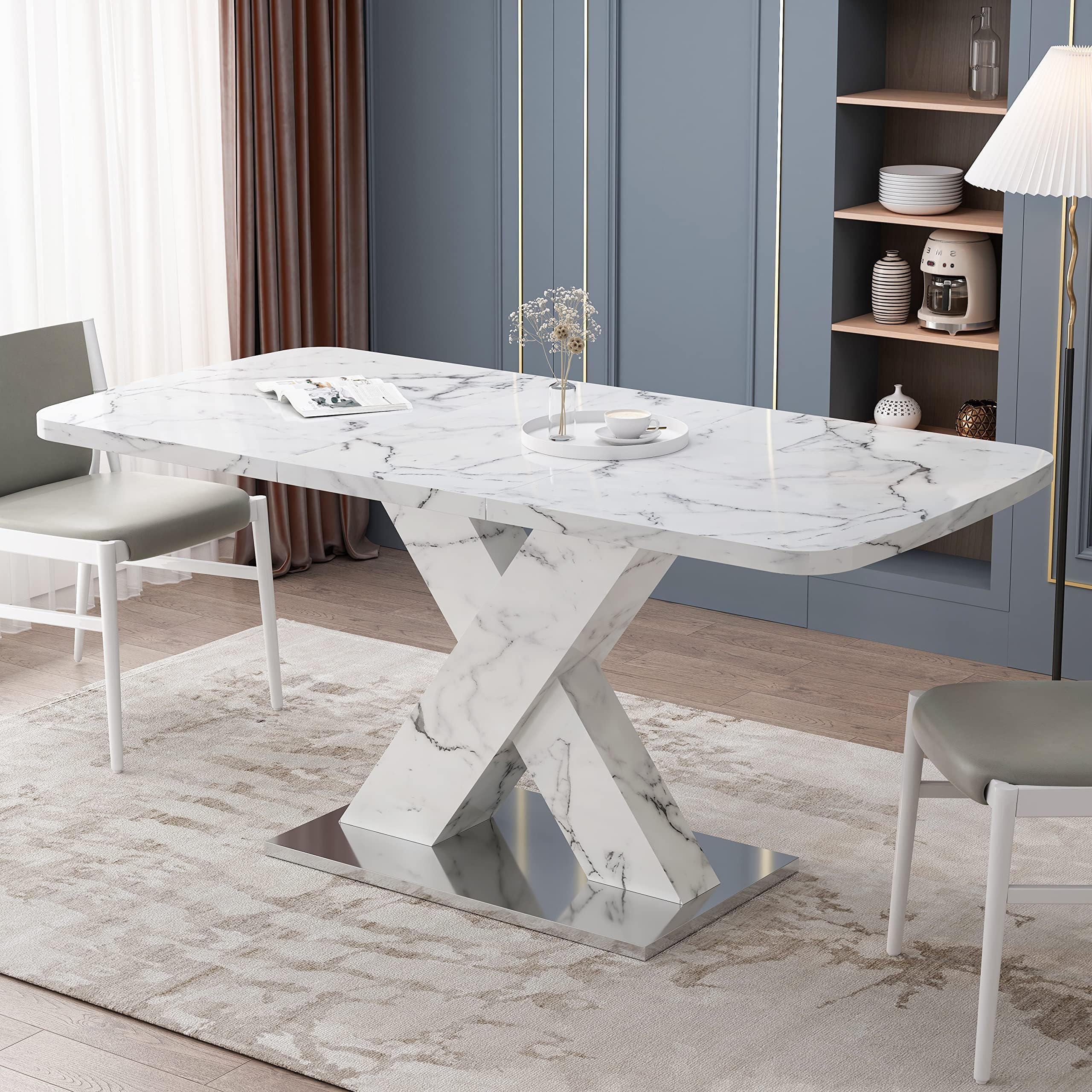 Modern White Dining Table - Rectangle Faux Marble Top & X-Shape Legs for 4, Kitchen Dining Room