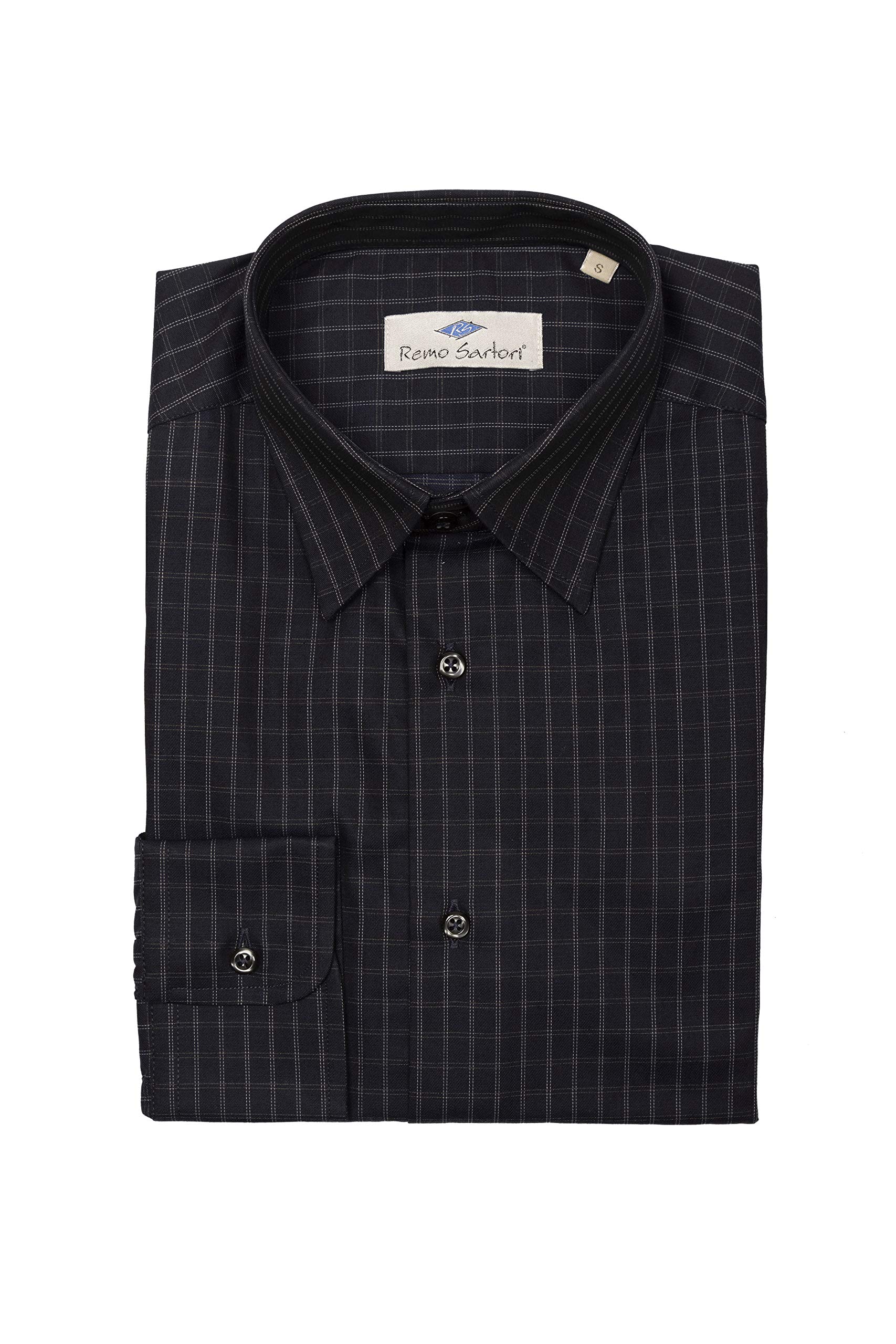 Remo Sartori - Camicia Uomo Slim Nera Scozzese in Cotone, Aderente, Made in Italy