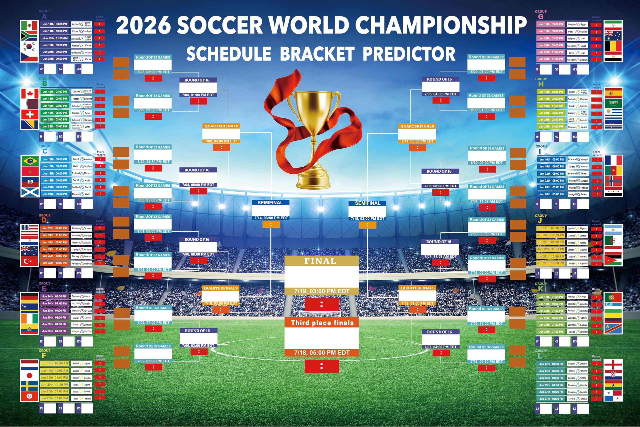 Photo 1 of 2026 World Cup Wall Chart 35"x23" Reusable Cloth Schedule Poster with Knockout Bracket, Group Stage Tracker & Full Match Timeline for Home Office Bar Party Decor Soccer Enthusiasts Football Fans