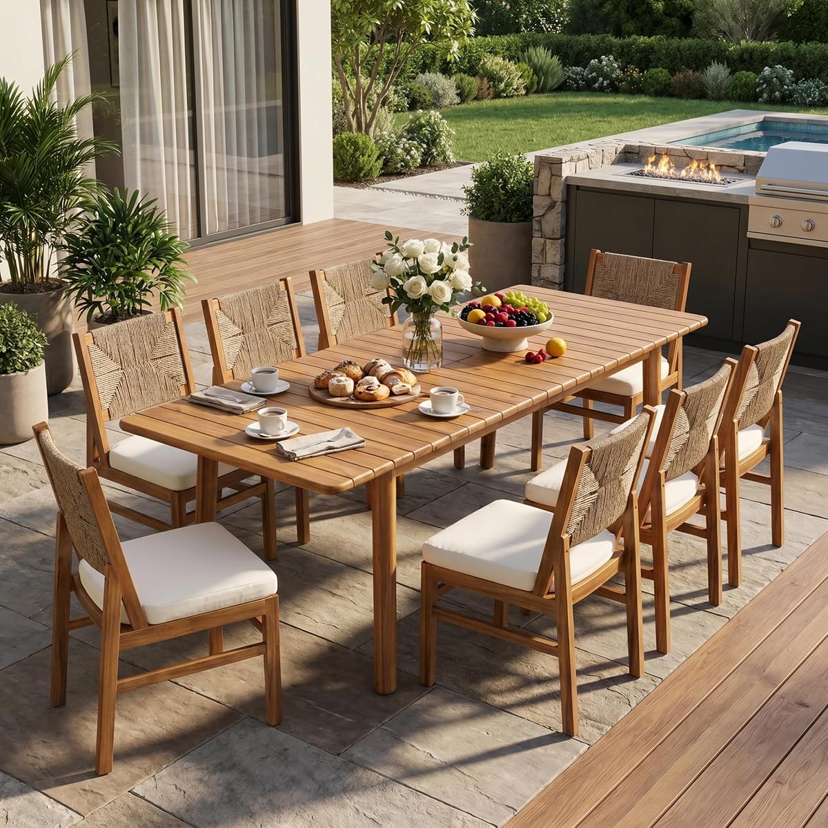 Christopher Knight Home Juego de mesa de comedor Mave de madera de acacia para 8, mesa de comedor extensible para patio de 9 piezas y sillas sin brazos, juego de 8 con cojín y respaldo de mimbre, juego de muebles de patio, crema+marrón claro+teca