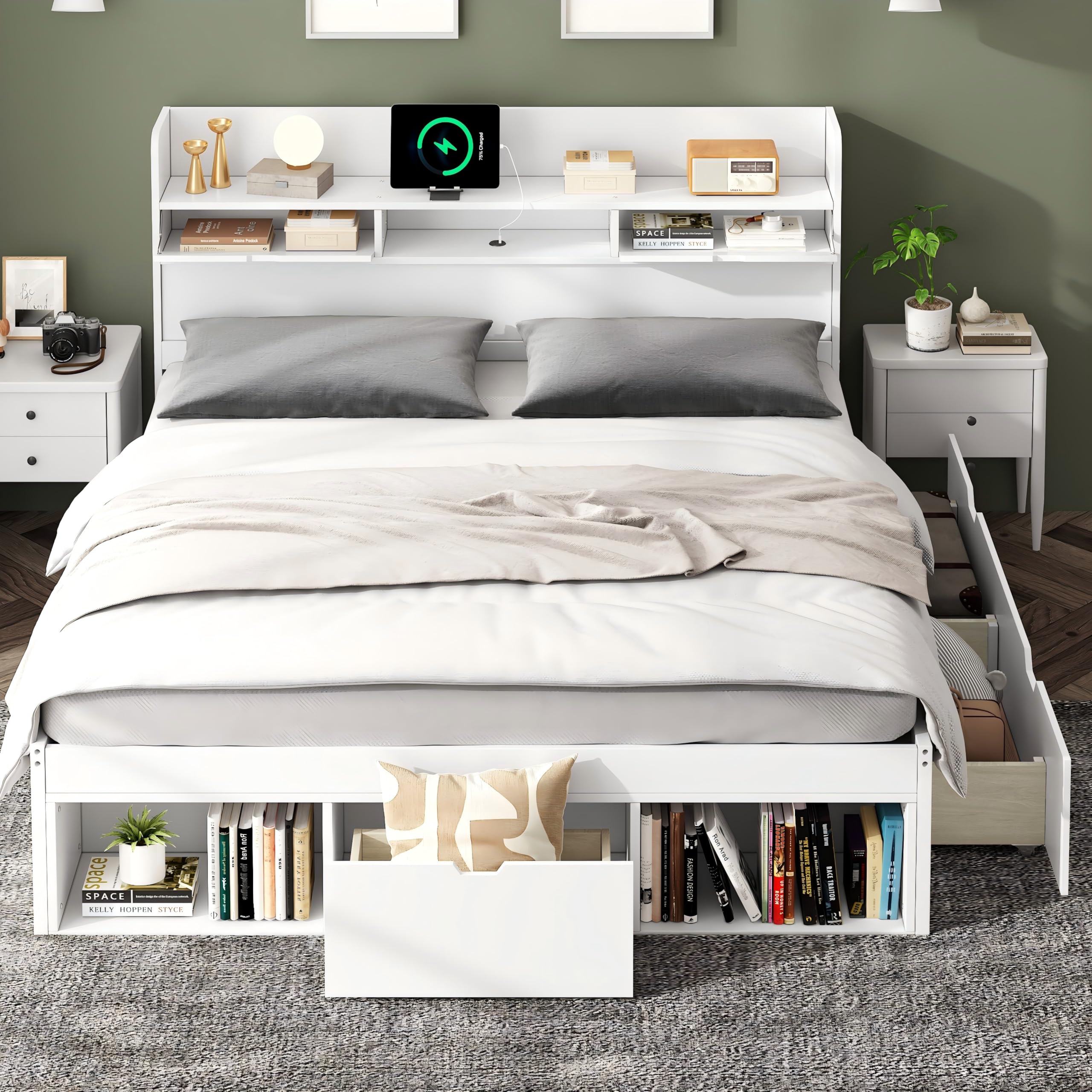 Lubvtti Letto imbottito con porta USB e cassetti e contenitore,letto matrimoniale con contenitore 160x200 cm,Testiera con vano portaoggetti,telaio del letto 160x200,senza materasso, bianco