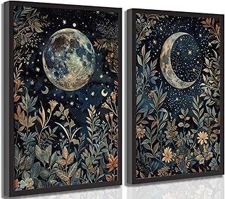 2 Pcs Vintage Celestial Canvas Wall Art Sun and Moon Celestial Botanical Eclipse Botanical Aesthetic Dark Academia Pictures Wall Decor Poster Print Artwork For Living Room Bedroom Home Decor Unframed