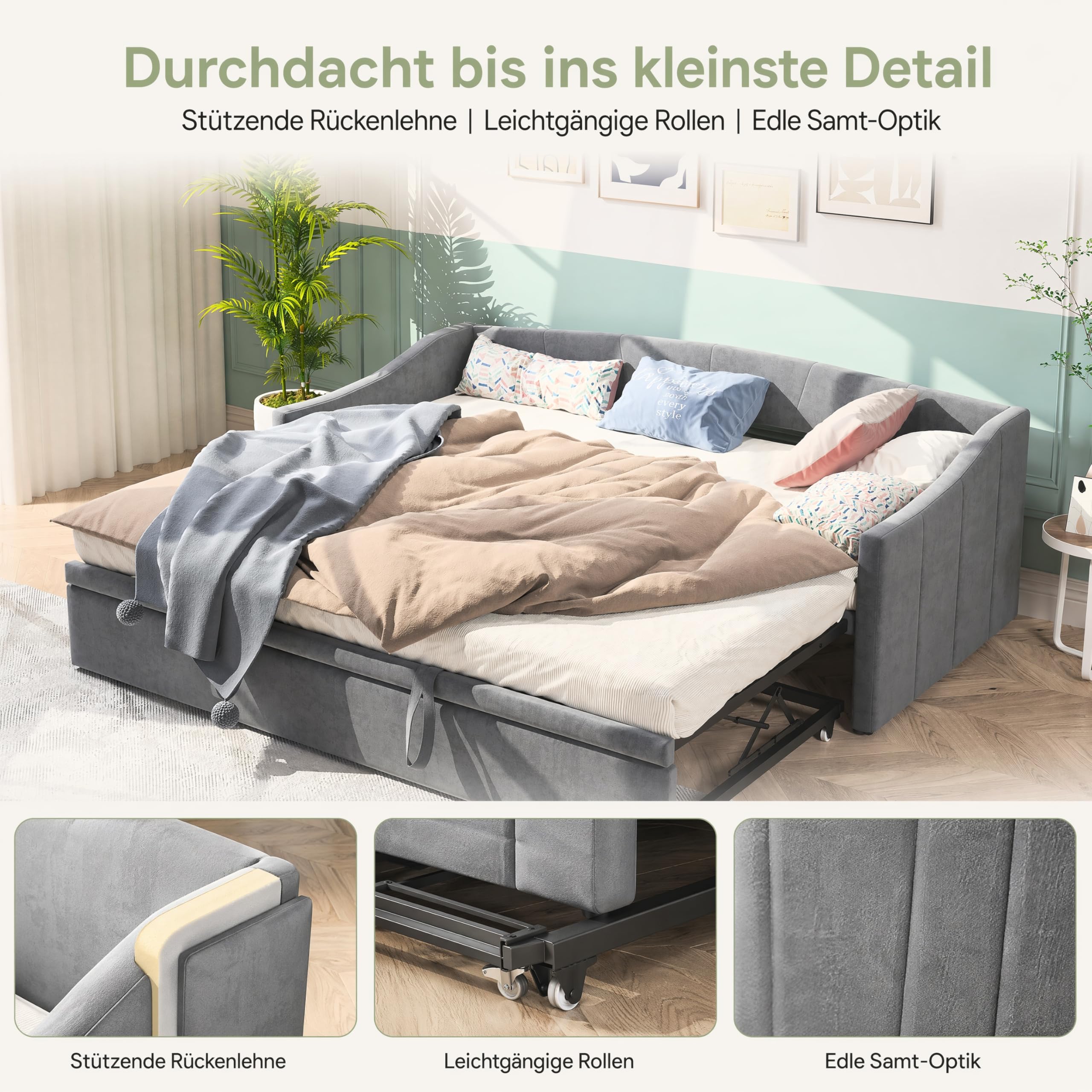 Schlafcouch Schlafsofa 90/180x200 cm, Multifunktionales Schlafsofa Bett mit Ausziehbett, Doppelschlafsofa mit Lattenrost, Samt, ohne Matratze (Grau A, 90/180x200cm)