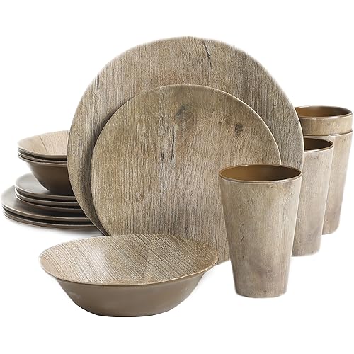Gibson Home Woodlands Round Melamine Plastic Dinnerware Set, Service for Four (16pcs), Wood