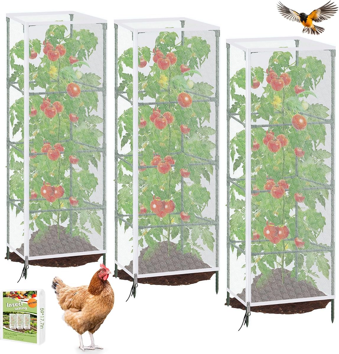 3 Pack Tomato Netting for Garden Protection, 59x18x18 inches Ultra-Fine Mesh Plant Netting Cover for Square Tomato Cage, Bird,Pest & Small Animal Barrier with Zipper & Drawstring