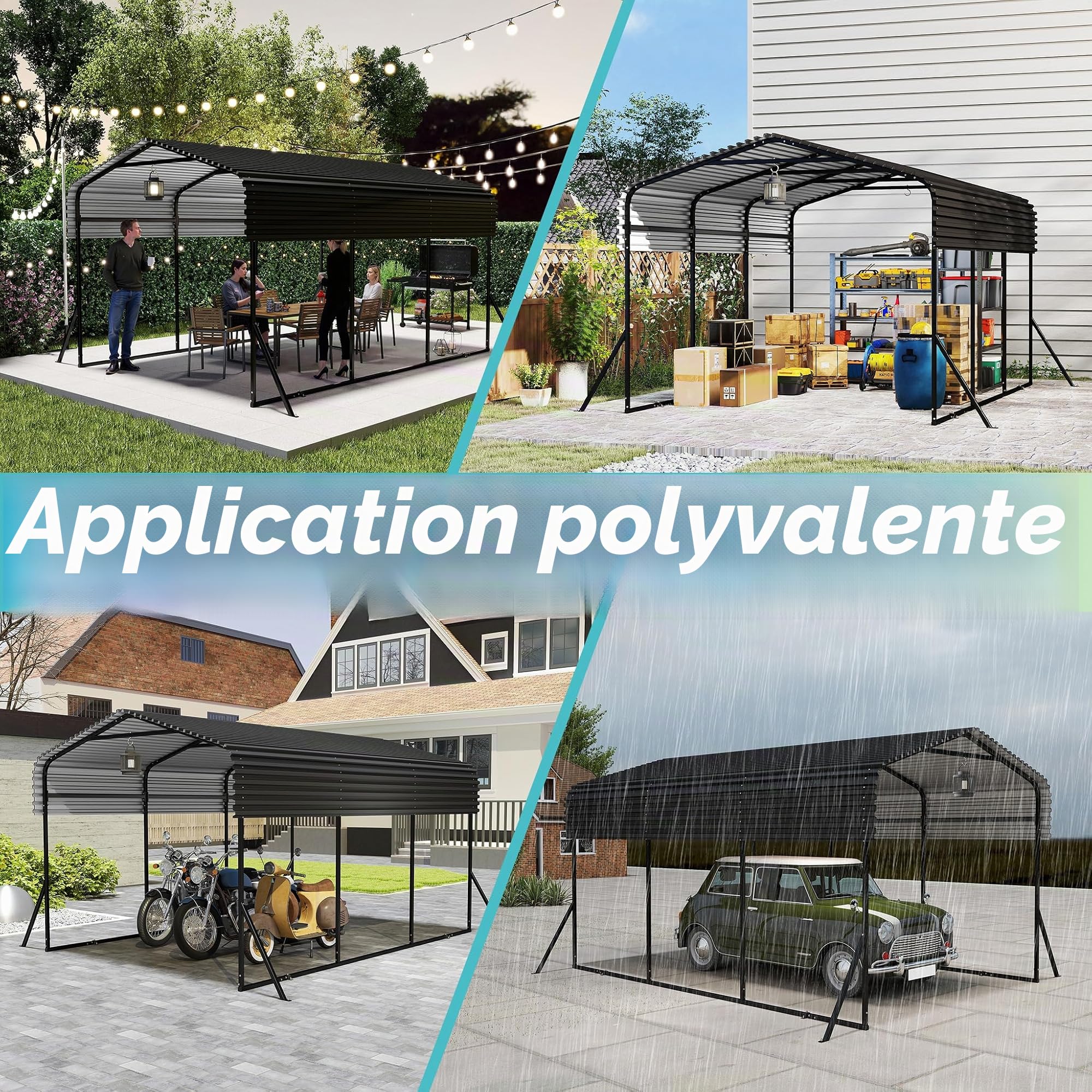 LZQ Garage-tente de voiture d'extérieur | Carport 10 x 15 pieds Noir | Abri de voiture-garage extérieur en métal | Ombre avec toit en métal galvanisé pour voitures et bateaux tente de bivouac