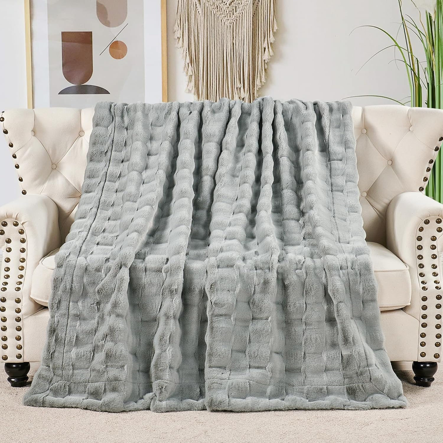 Home Soft Things Brick Textured Faux Fur Throw with Micromink Back, Warm Plush Decorative Blanket for Couch, Furry Thick Fluffy Cozy Throw for Living Room Bedroom, 50''× 70'', Taupe