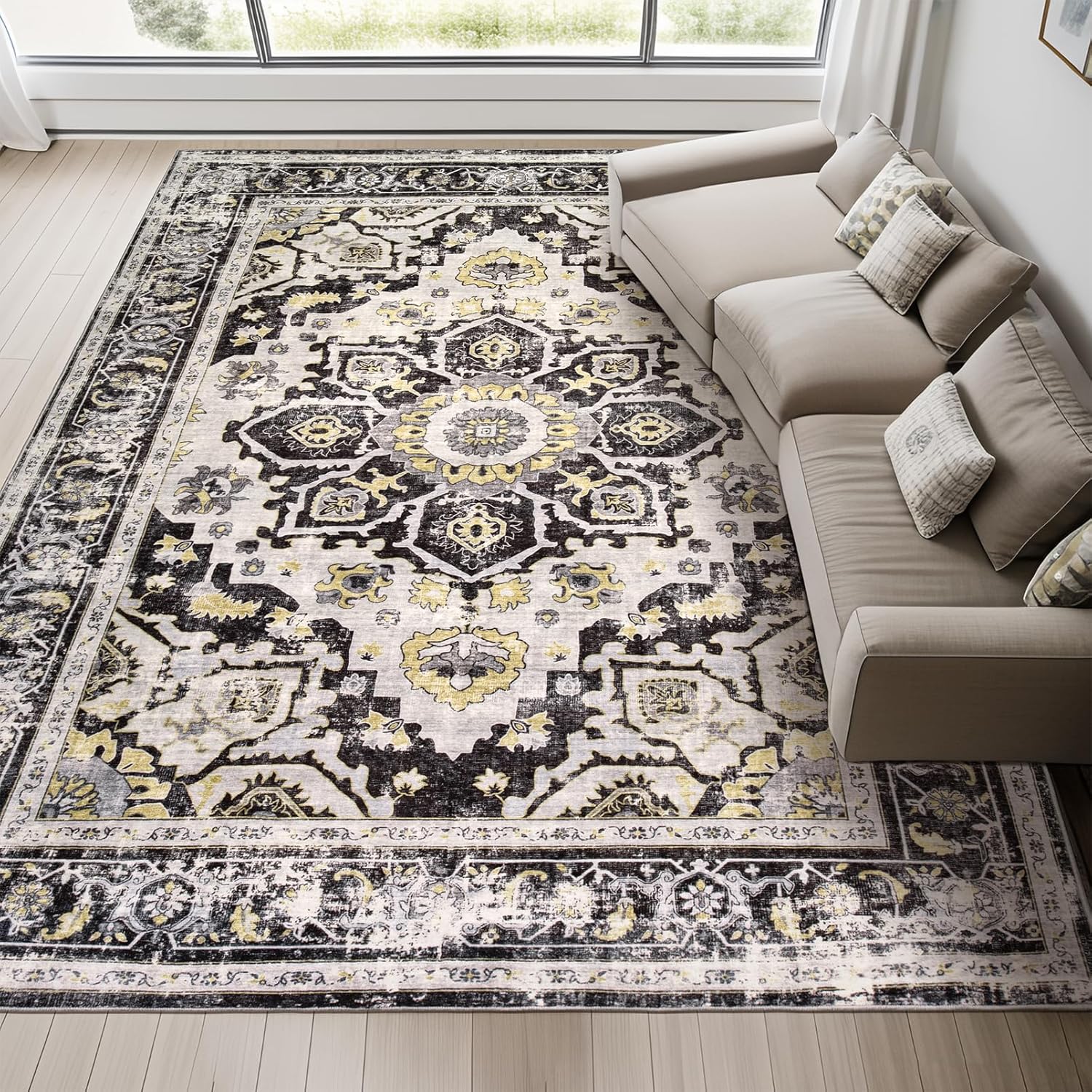 Area Rug Washable Living Room - 8x10 Vintage Carpet for Bedroom Dining Room Office Machine Wash Non Slip Soft Low Pile Rug for Indoor Floor Farmhouse College Dorm Black 8x10 Black