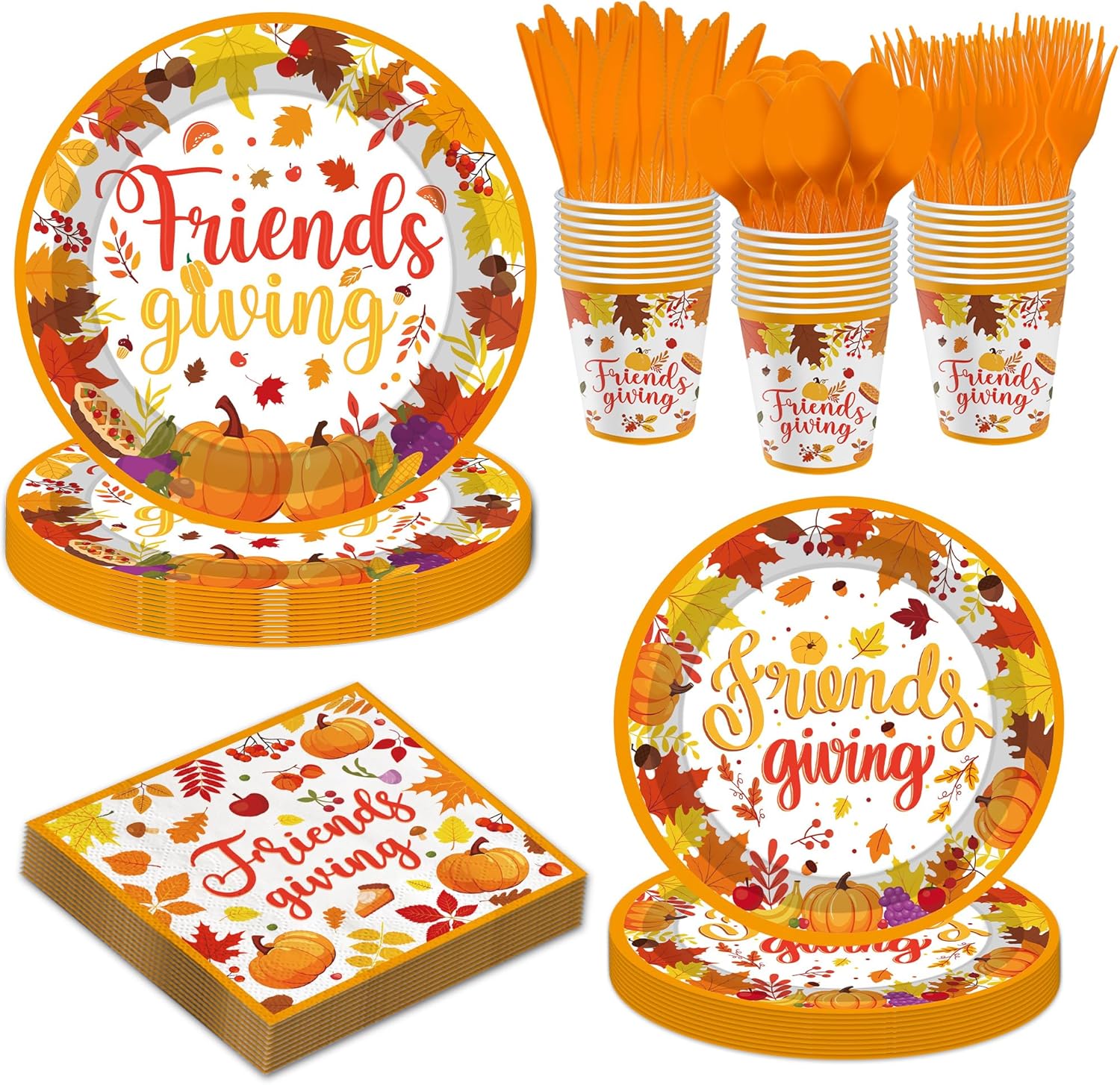 YQUQWN 168PCS Friendsgiving Plates and Napkins Set, Friendsgiving Party Decorations, Disposable Thanksgiving Plates, Napkins, Cups, Spoon, Fork, Knives for Fall Thanksgiving Party Supplies, Serve 24
