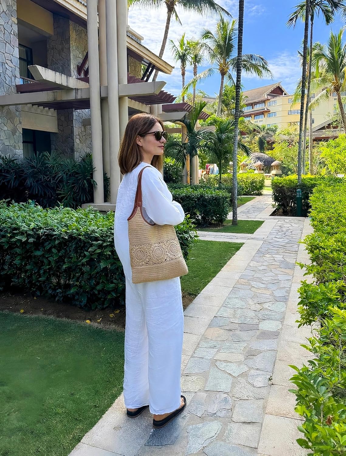 Eiyye Crochet Purse for Women Handmade Flat Woven Shoulder Purse with Wide Leather Straps Lightweight Boho Bag for Shopping Travel Daily Use - Image 2